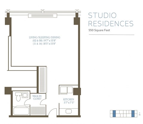 Floor plan for studio, 1 bath, 550 sqft